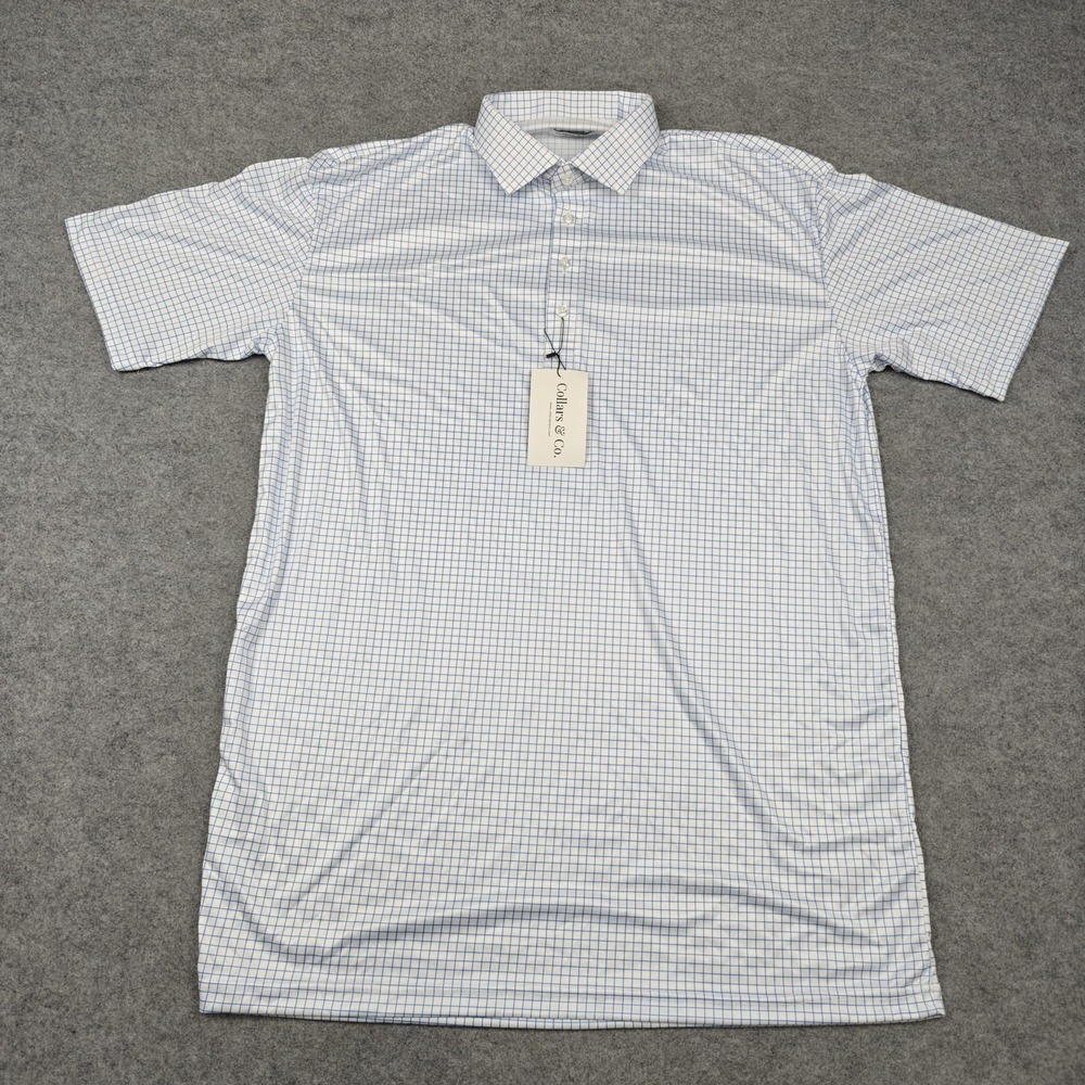 Collars & Co.‎ Polo Shirt Mens 2XLT White Blue Check Dress Collar Stretch New